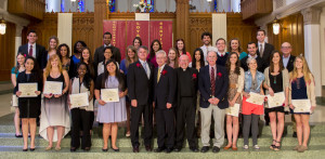Pictured in the center of the photo are Loyola Marymount University President Dave Burcham; Joe Hellige, provost; and Fr. Dorian Llywelyn, Acting Rector of the Jesuit Community.   Steve O'Connor is second from right.