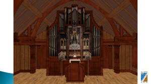This view simulates what you would see in the quiet time before the service starts, for example. CB Fisk, our organ builder, will integrate our existing cross into the reredos, which in turn is a major element in the organ case.  The current plan is to have them on stanchions so that they can be there or not depending on the occasion. As to the organist’s head, Fisk will help us devise an attractive wooden screen that can block the organist from view without obscuring his or her view of choir members and vice versa.